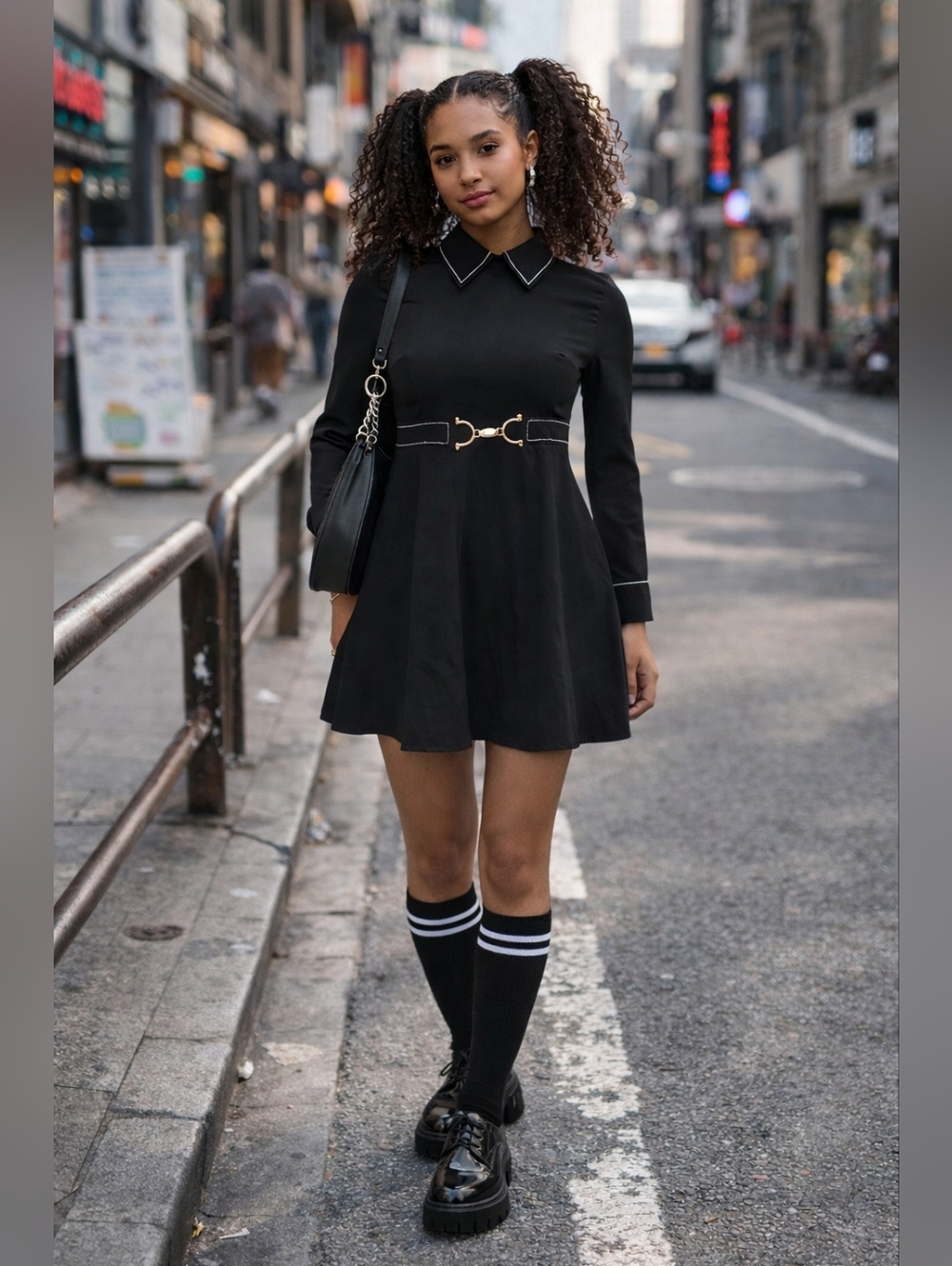 Black A-Line Collar Bay Doll Dress Gold Buckle Chic S